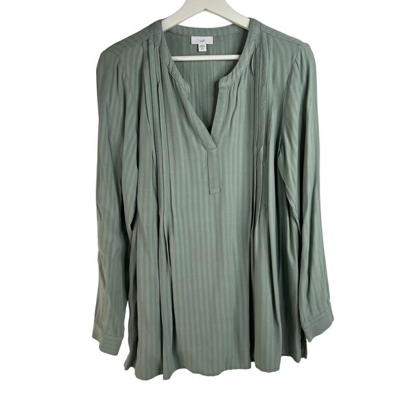 J Jill Size XSP XS Petite Pintucked Popover Tunic Top Green Split V-Neck Striped - Picture 2 of 13